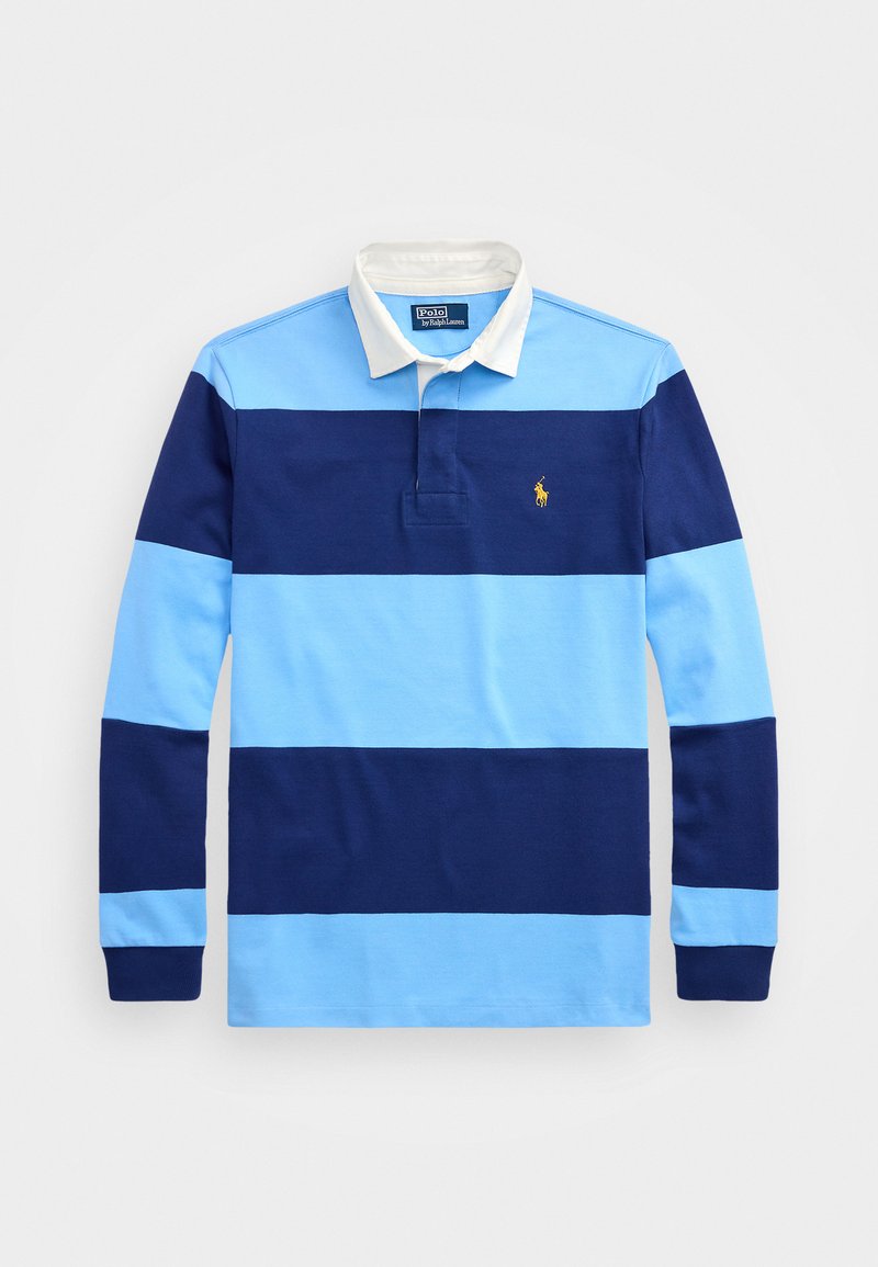 Langsleeve polo shirt in afwisselende lichtblauwe en marineblauwe strepen. Heeft een witte kraag en een klein geborduurd logo op de borst.