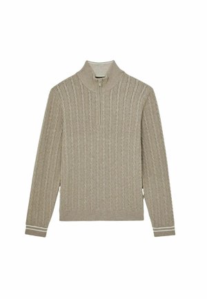 Beige ritsbrei met een textuur van kabelpatronen, lange mouwen en geribbelde manchetten met witte strepen aan de uiteinden.