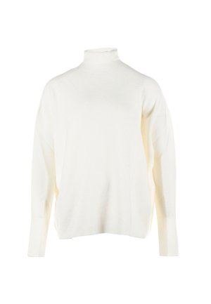 Pull à col roulé blanc à manches longues avec une coupe décontractée et des poignets côtelés, fabriqué en tissu tricoté doux.