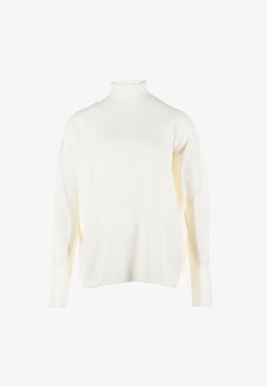 Biały długi sweter z golfem, o luźnym kroju i ściągaczach na rękawach, wykonany z miękkiej dzianiny.