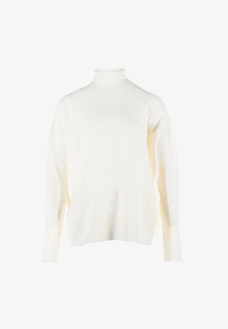 Pull à col roulé blanc à manches longues avec une coupe décontractée et des poignets côtelés, fabriqué en tissu tricoté doux.