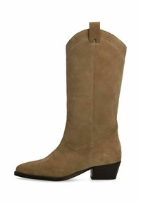 Tan suede cowboy boot with pointed toe, low black block heel, and pull tab at top of shaft.