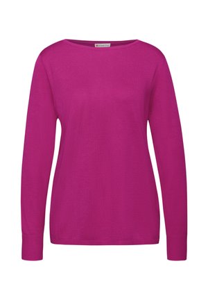 Fuchsie svetr s dlouhým rukávem a kulatým výstřihem, vyrobený z měkké tkaniny, s žebrovanými manžetami a rovním lemem, minimalistický design.