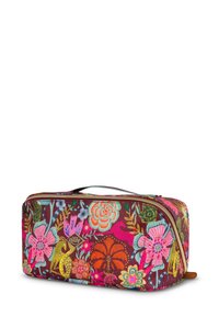 Multikleurige bloemenprint potloodetui met een rechthoekige vorm, ritssluiting en een handvat. Gemaakt van duurzaam stof.