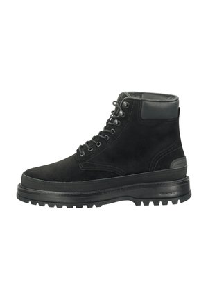 Black suede ankle boot with padded collar, lace-up front, and rugged rubber sole designed for outdoor wear.