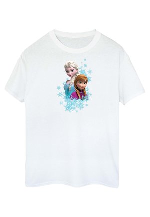Hvit bomull T-skjorte med et trykt design av to animerte figurer omgitt av lyseblå snøfnugg. Rund hals og kortermet.