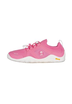 Pink lightweight athletic shoe with white sole, elastic laces, pull tab at heel, and logo on side.