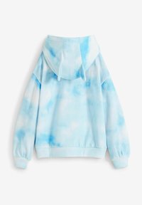 Lichtblauwe hoodie met een tie-dye patroon, lange mouwen, een grote kap en geribde manchetten. Zachte stof met een relaxte pasvorm.