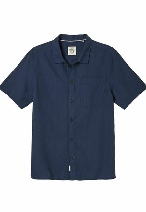 Navyblaues Leinenhemd mit kurzen Ärmeln, spitzem Kragen, Brusttasche und fünf dunklen Knöpfen. Es besitzt eine lockere Passform und eine strukturierte Stoffoberfläche.