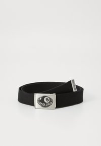 Black elastic belt with silver rectangular buckle featuring an 8-ball design and text "Santa Cruz." Durable fabric with smooth texture.