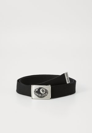Black elastic belt with silver rectangular buckle featuring an 8-ball design and text "Santa Cruz." Durable fabric with smooth texture.