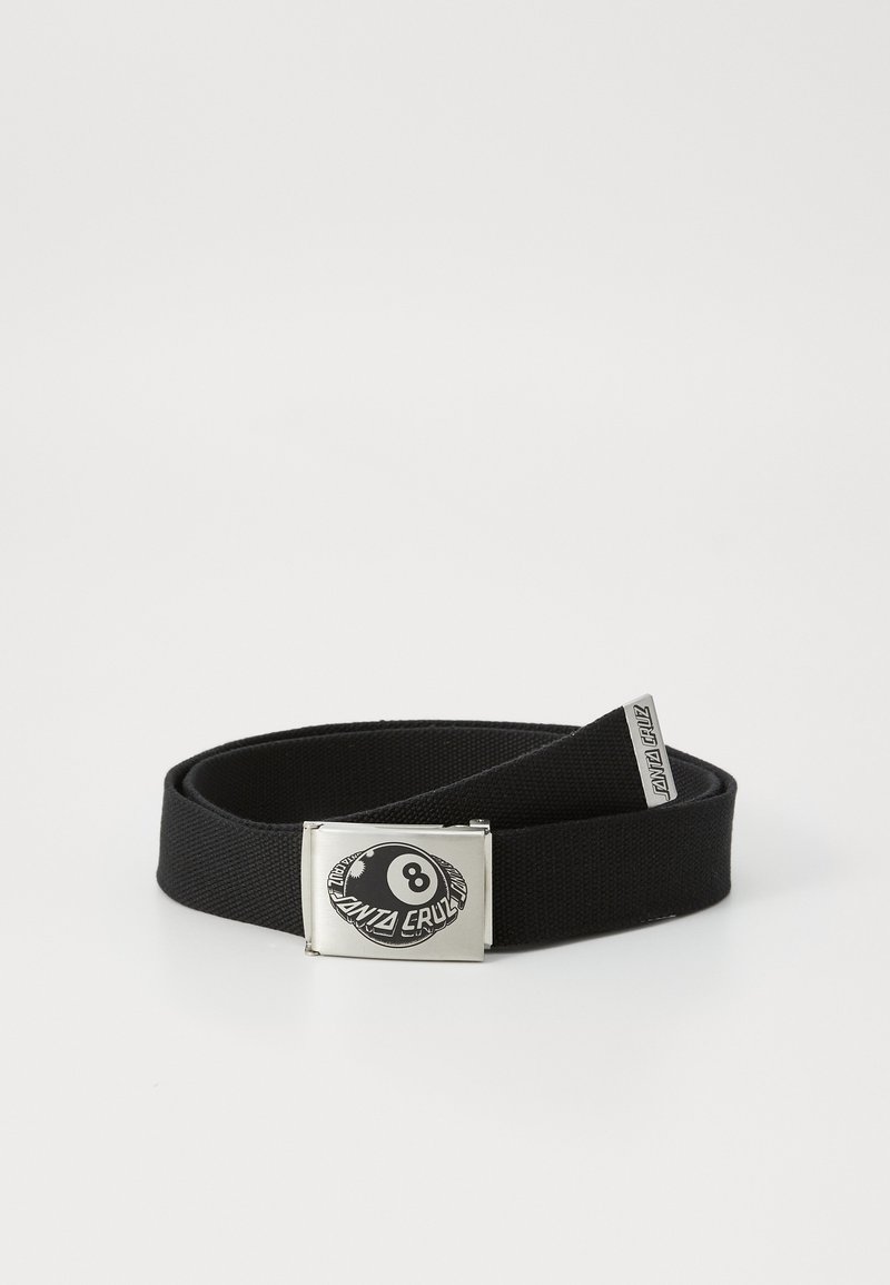Black elastic belt with silver rectangular buckle featuring an 8-ball design and text "Santa Cruz." Durable fabric with smooth texture.