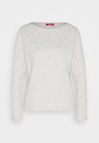 Chemise à manches longues gris clair avec texture tachetée, encolure ronde et coupe régulière, présentée sur un fond blanc uni.