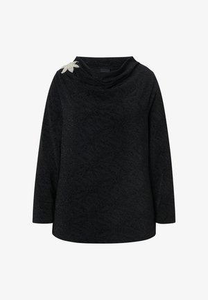 Zwart coltopje van gestructureerde stof met een bladmotief. Voorzien van lange mouwen en een decoratieve strass-steenaccent op de schouder.