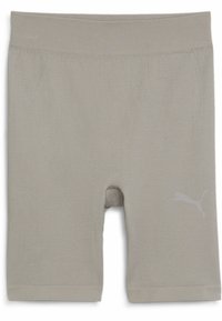 Lysegrå ribbede sportsbukser med en glat overflade, der har et logo på nederste højre side og en mid-thigh længde.