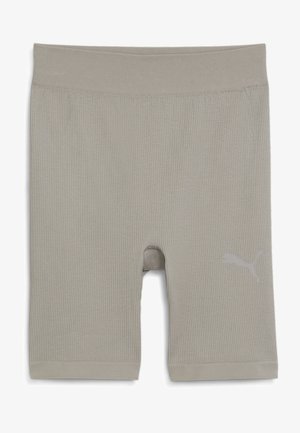 Svetlošedé rebrované športové šortky so hladkou textúrou, s logom na dolnej pravej strane a dĺžkou do polovice stehna.