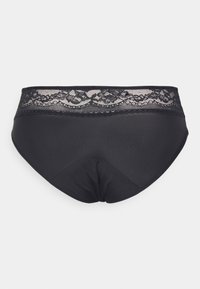 Black panties featuring a lace waistband and a smooth fabric body. The design includes a gathered back for added shape and comfort.