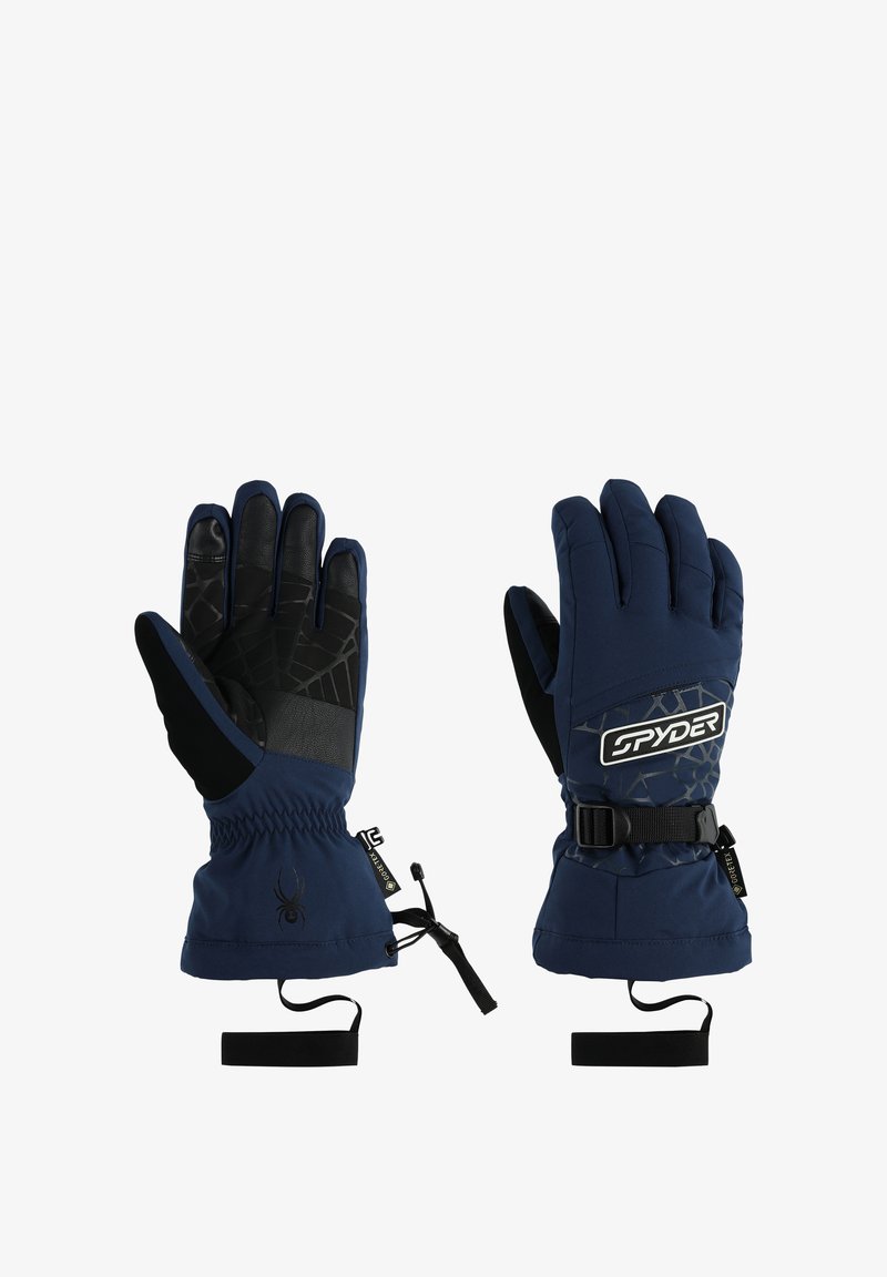 Gants d'hiver bleu marine avec des paumes en cuir noir texturé, tissu isolant, bandes de poignet ajustables et un détail subtil de logo d'araignée.