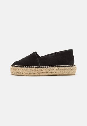 Black suede espadrille slip-on shoe with a round toe, jute-woven midsole, and flat rubber sole, featuring a low-cut vamp design.