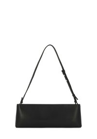 Black leather handbag with a long, thin shoulder strap. Rectangular shape, smooth texture, and minimalistic design with no visible hardware.