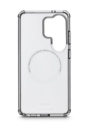 Klarer, transparenter Handyhülle mit eingebautem magnetischem Kreis zur Ausrichtung des kabellosen Ladegeräts und Aussparungen für Kamera und Tasten.