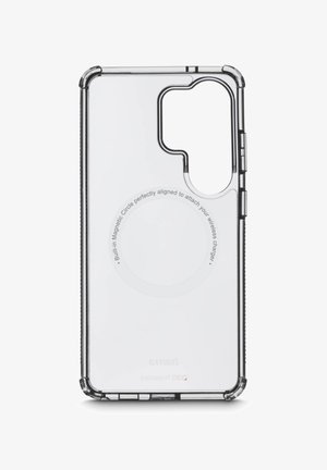 Klarer, transparenter Handyhülle mit eingebautem magnetischem Kreis zur Ausrichtung des kabellosen Ladegeräts und Aussparungen für Kamera und Tasten.