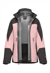 Waterdichte jas met een roze en zwart kleurenschema, ritssluiting aan de voorkant, twee zijzakken, verstelbare manchetten en een capuchon.