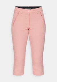 Lys rosa capribukser laget av myk stoff. Har knappelukking og to glidelåslommer foran. Glinsende tekstur med glatt overflate.