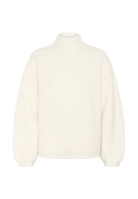 White knit sweater featuring a high neck, diamond textured pattern on the chest, and voluminous sleeves with ribbed cuffs.
