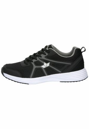 Schwarzer Sportschuh mit Obermaterial aus Mesh, grauen Akzenten und weißer Sohle. Verfügt über ein Schnürdesign und Gummilaufsohle für besseren Halt.