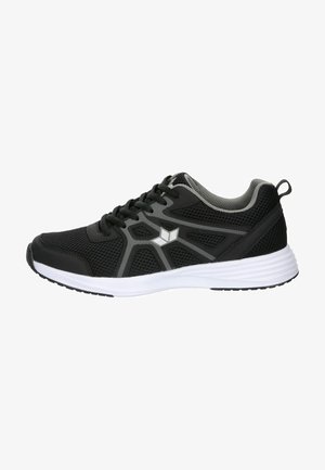 Schwarzer Sportschuh mit Obermaterial aus Mesh, grauen Akzenten und weißer Sohle. Verfügt über ein Schnürdesign und Gummilaufsohle für besseren Halt.