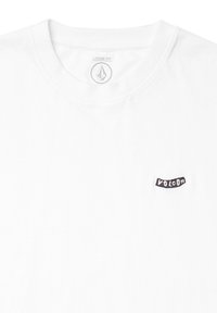 Weißes Baumwoll-T-Shirt mit Rundhalsausschnitt und lockerer Passform, ausgestattet mit einem schwarzen gestickten "VOLCOM"-Label auf der linken Seite.