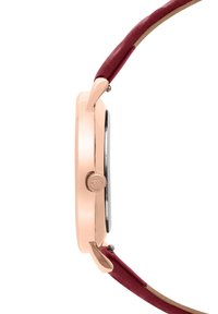 Roze gouden horloge met een ronde kast, een zwarte wijzerplaat en een kastanjebruine lederen band. Heeft een zij-kroon en een gladde textuur op de band.