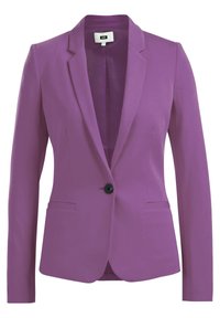 Fialový přiléhavý blazer s jedním černým knoflíkem, hladkým povrchem, klopovými límci a dvěma předními kapsami. Vhodný pro formální příležitosti.