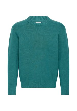 Tirkīza krāsa bezrūpīgs džemperis ar garām piedurknēm un ribotām aprocēm, apkakli un apakšmalu, izstādīts uz vienkārša balta fona.