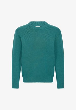 Tirkīza krāsa bezrūpīgs džemperis ar garām piedurknēm un ribotām aprocēm, apkakli un apakšmalu, izstādīts uz vienkārša balta fona.