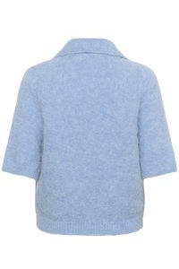 Light blue wool blend sweater with a collared neckline and short sleeves. Features a soft texture and ribbed hem at the waist.