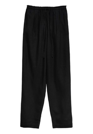 Loose-fit black pants with an elastic waistband and front drawstring, made of lightweight fabric, featuring straight legs.