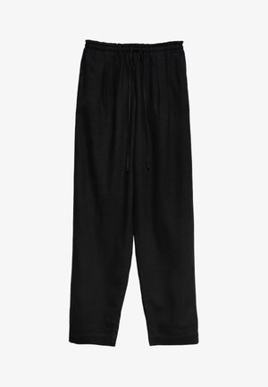 Loose-fit black pants with an elastic waistband and front drawstring, made of lightweight fabric, featuring straight legs.