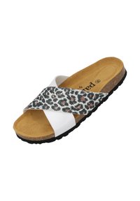 Sanda blanca de slide con una correa texturizada de estampado de leopardo, plantilla de corcho y suela de goma negra, con un diseño cruzado.