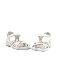 Sandalias cerradas en blanco y rosa con correas ajustables, parte superior texturizada y plantilla acolchada, que cuentan con una suela exterior de goma flexible.