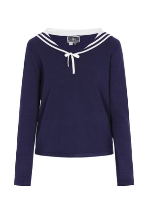 Mørkeblå langærmet top med bredt sømandskrave og hvide striber, der har en sløjfedetalje ved halsen. Blanding af bomuldsstof.