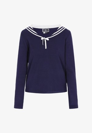 Mørkeblå langærmet top med bredt sømandskrave og hvide striber, der har en sløjfedetalje ved halsen. Blanding af bomuldsstof.