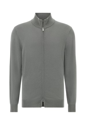 Felpa grigia con zip e colletto alto, maniche lunghe, polsini e orlo a coste, caratterizzata da una superficie a maglia liscia. Design semplice e moderno.