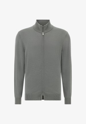 Grijze zip-up sweater met een hoge kraag, lange mouwen, ribgebreide manchetten en zoom, met een gladde brei textuur. Eenvoudig en modern ontwerp.