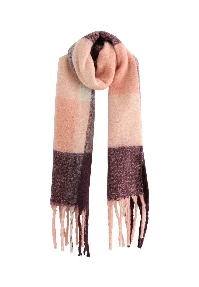 Foulard rectangulaire aux teintes pastel de rose et de violet ; fabriqué en laine douce avec des franges aux extrémités ; motif à carreaux.