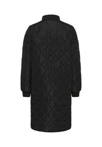 Black quilted long coat with a diamond pattern, ribbed collar, and cuffs, featuring a smooth, shiny exterior.