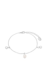Pulsera de plata con tres cuentas: dos bolas redondas de plata brillante y una perla irregular. Cuenta con un cierre de langosta y una cadena ajustable.