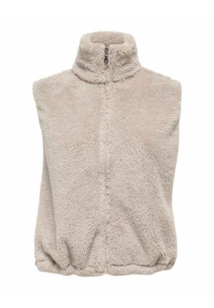 Smėlinės spalvos flisinė liemenė su aukštu aukštu apykakliu, užtrauktuku ir elastingu apačios kraštu. Pagaminta iš minkštos, tekstūruotos medžiagos, tinkamos sluoksniuoti šaltesniu oru.