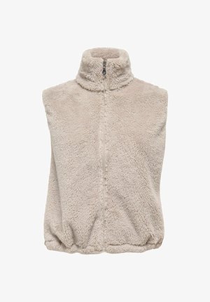 Smėlinės spalvos flisinė liemenė su aukštu aukštu apykakliu, užtrauktuku ir elastingu apačios kraštu. Pagaminta iš minkštos, tekstūruotos medžiagos, tinkamos sluoksniuoti šaltesniu oru.